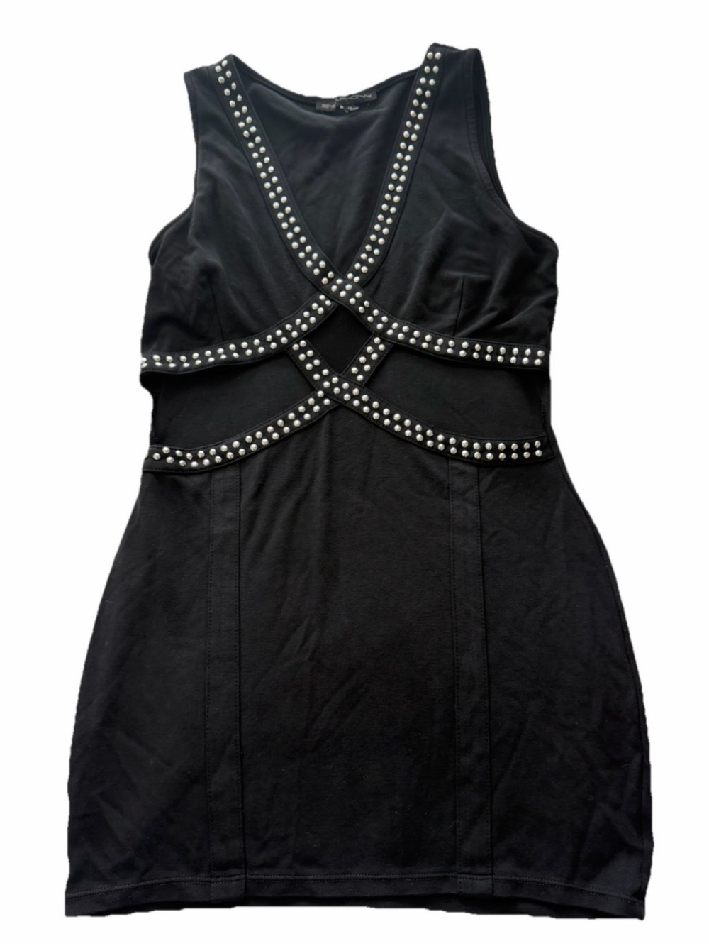 Y2K Indie Sleaze Studded Mesh Cutout Bodycon Black Mini Dress Party Girl Grunge